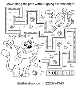 Handwriting practice sheet. Simple educational game or maze. Coloring Page Outline Of cartoon cat with sausage. Coloring book for kids.