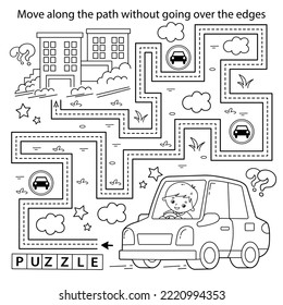 Handwriting practice sheet. Simple educational game or maze. Coloring Page Outline Of cartoon car with driver. Transport or vehicle. Coloring book for kids.