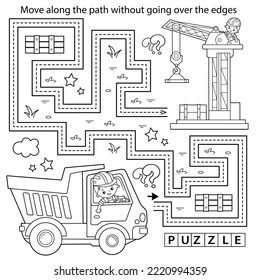 Handwriting Practice Sheet. Simple Educational Game Or Maze. Coloring Page Outline Of Cartoon Lorry Or Dump Truck. Elevating Crane On Build. Construction Vehicles. Coloring Book For Kids.