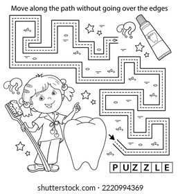 Handwriting practice sheet. Simple educational game or maze. Coloring Page Outline Of cartoon girl with toothbrush and toothpaste. Coloring book for kids.