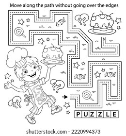 Handwriting practice sheet. Simple educational game or maze. Coloring Page Outline Of cartoon fun boy chef with cake. Little cook or scullion. Profession. Coloring book for kids.