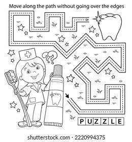 Handwriting practice sheet. Simple educational game or maze. Coloring Page Outline Of cartoon doctor with toothbrush and toothpaste. Coloring book for kids.