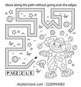 Handwriting practice sheet. Simple educational game or maze. Coloring Page Outline Of cartoon circus clown with colorful balls. Coloring book for kids.