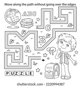 Handwriting practice sheet. Simple educational game or maze. Coloring Page Outline Of cartoon boy with school supplies. Coloring book for kids.
