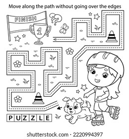 Handwriting practice sheet. Simple educational game or maze. Coloring Page Outline Of cartoon girl on roller skates with dog. Sport activity. Coloring book for kids.