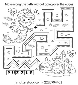 Handwriting practice sheet. Simple educational game or maze. Coloring Page Outline Of cartoon beautiful little mermaid. Marine princess. Underwater world. Coloring book for kids.