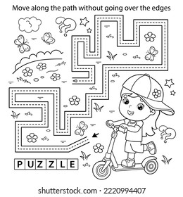 Handwriting practice sheet. Simple educational game or maze. Coloring Page Outline Of cartoon girl with scooter. Sport activity. Coloring book for kids.