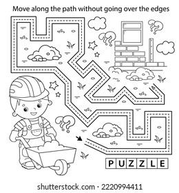 Handwriting practice sheet. Simple educational game or maze. Coloring Page Outline Of cartoon builder with handcart. Construction. Profession. Coloring book for kids.