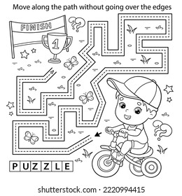 Handwriting practice sheet. Simple educational game or maze. Coloring Page Outline Of cartoon boy on bicycle or bike. Sport activity. Coloring book for kids.