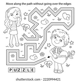 Handwriting practice sheet. Simple educational game or maze. Coloring Page Outline Of cartoon boy with heart and cute girl. Valentine's day. Coloring book for kids.