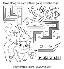Handwriting practice sheet. Simple educational game or maze. Coloring Page Outline Of cartoon cat with sausage. Coloring book for kids.