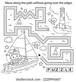 Handwriting practice sheet. Simple educational game or maze. Coloring Page Outline Of cartoon sail ship with sailor. Profession. Coloring book for kids.
