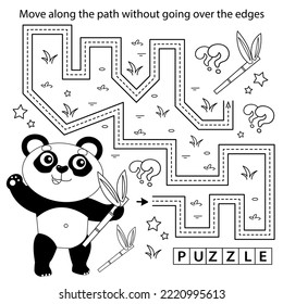 Handwriting practice sheet. Simple educational game or maze. Coloring Page Outline Of cartoon  little panda with bamboo twigs. Coloring book for kids.