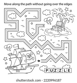 Handwriting practice sheet. Simple educational game or maze. Coloring Page Outline Of cartoon pirate ship with treasure island. Coloring book for kids.