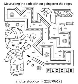 Handwriting practice sheet. Simple educational game or maze. Coloring Page Outline Of cartoon worker with tools. Coloring book for kids.