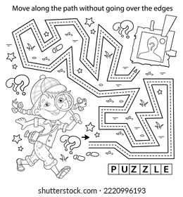 Handwriting practice sheet. Simple educational game or maze. Coloring Page Outline Of cartoon girl detective with loupe. Young Sherlock Holmes. Coloring book for kids.