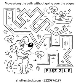 Handwriting practice sheet. Simple educational game or maze. Coloring Page Outline Of cartoon fun dog with bone. Coloring book for kids.
