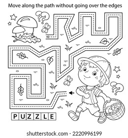 Handwriting practice sheet. Simple educational game or maze. Coloring Page Outline Of cartoon fun boy with basket. Little mushroom picker. Coloring book for kids.