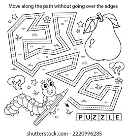 Handwriting practice sheet. Simple educational game or maze. Coloring Page Outline Of cartoon caterpillar with pear. Coloring book for kids.