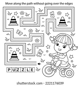 Handwriting practice sheet. Simple educational game or maze. Coloring Page Outline Of cartoon little girl on bicycle or bike. Sport activity. Coloring book for kids.