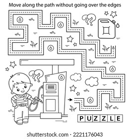 Handwriting practice sheet. Simple educational game or maze. Coloring Page Outline Of cartoon cartoon driver on petrol station. Transport or vehicle. Coloring book for kids. 