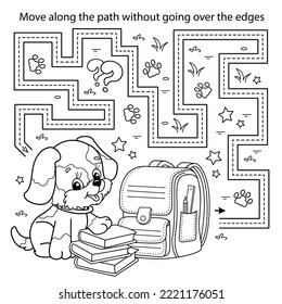 Handwriting practice sheet. Simple educational game or maze. Coloring Page Outline Of cartoon little dog or puppy with school satchel and textbooks. Coloring book for kids.