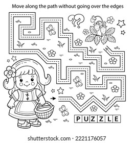 Handwriting practice sheet. Simple educational game or maze. Coloring Page Outline Of cartoon cute girl with basket and strawberries. Coloring book for kids. 