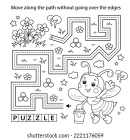 Handwriting practice sheet. Simple educational game or maze. Coloring Page Outline Of cartoon bee with bucket of honey. Coloring book for kids.