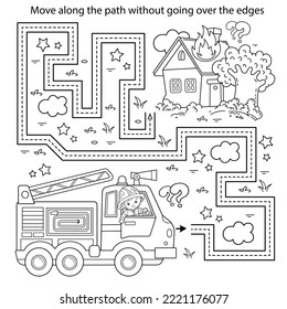 Handwriting practice sheet. Simple educational game or maze. Coloring Page Outline Of cartoon fireman or firefighter with fire truck. Fire fighting. Coloring book for kids.
