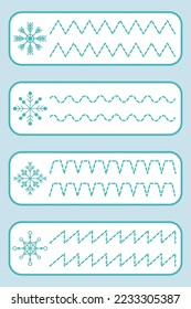 Handwriting practice sheet, snowflakes, christmas theme, kids preschool activity, educational children game, printable worksheet, writing training, vector illustration on blue background