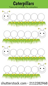 Handwriting practice sheet, trace the circles and complete the caterpillars in the activity sheet. Simple worksheet for preschool kindergarten kids to improve basic writing and cognitive skills.