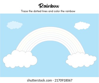 Handwriting practice sheet. Vector illustration of rainbow and clouds for coloring book. Simple educational game for kids