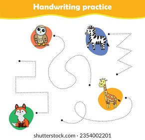 Handwriting practice sheet with vector illustration of cute animals. Owl zebra fox giraffe