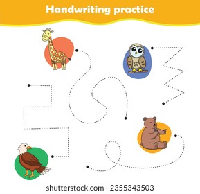 Handwriting practice sheet with vector illustration of cute animals. Giraffe owl eagle bear