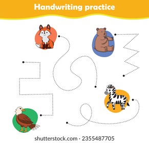 Handwriting practice sheet with vector illustration of cute animals. Fox bear eagle zebra