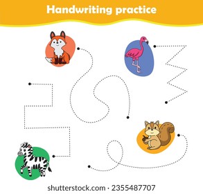Handwriting practice sheet with vector illustration of cute animals. Fox flamingo zebra squirrel