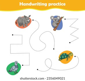 Handschrift Übungsblatt mit Vektorgrafik süßer Tiere. Rhino-Koala-Taubenschildkröte