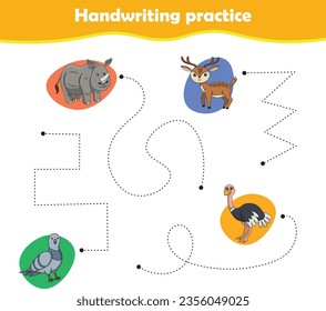 Hoja de prácticas de escritura a mano con ilustración vectorial de animales lindos. Astrato de Rhino Deer Dostrich