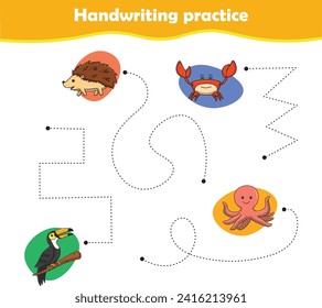 Handwriting practice sheet with vector illustration of cute animals