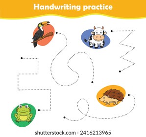 Handwriting practice sheet with vector illustration of cute animals