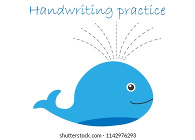 Handwriting practice sheet, whale in cartoon style, kids preschool activity, educational children game, printable worksheet, writing training, vector illustration
