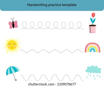 Handwriting practice template. Game for kids. Spring.