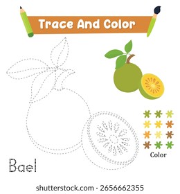 Handwriting Practice. Trace And Color The Bael Food Which Is Perfect. Vector Illustration
