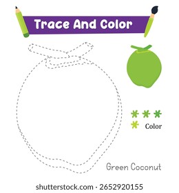 Handwriting Practice. Trace And Color The Green Coconut Food Which Is Perfect. Vector Illustration