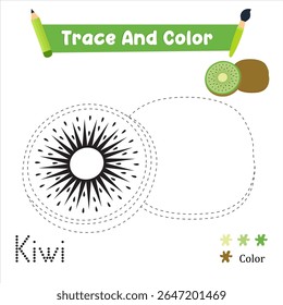 Práctica de escritura. Traza Y Colorea La Comida De Kiwi Que Es Perfecta. Ilustración vectorial shutter stock