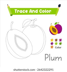 Prática de Manuscrito. Traçar E Colorir A Ameixa Que É Perfeito. Ilustração de vetor