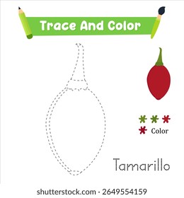 Práctica de escritura. Traza Y Colorea La Comida Tamarillo Que Es Perfecta. Ilustración vectorial shutter stock
