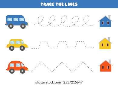 Handwriting practice. Trace lines with cars for kids. Educational game for preschoolers. Activity page. Educational cards for children.