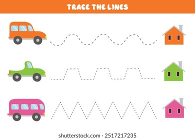 Handwriting practice. Trace lines with cars for kids. Educational game for preschoolers. Activity page. Educational cards for children.