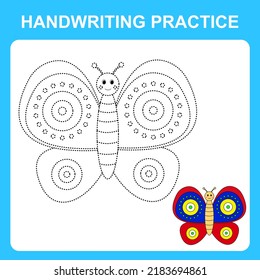 Handwriting practice. Trace the lines and color the butterfly. Educational kids game, coloring book sheet, printable worksheet. Vector illustration